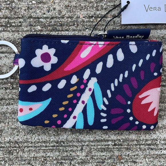 Vera Bradley Lighten Up Zip ID Case Navy Blue Pink Travel Coin Pouch Keyring - Picture 2 of 5